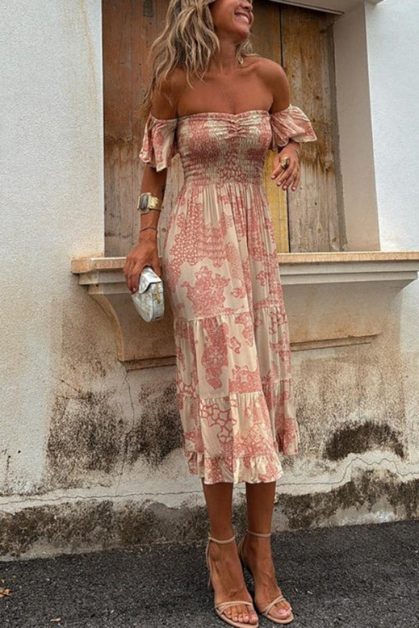 JO | Pitaya Unique Print Off Shoulder Smocked Ruffle Sleeve Layered Midi Dress