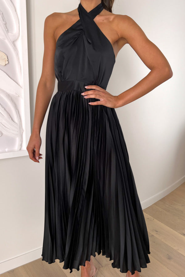 JO | Beaming Smile satin halterneck pleated midi dress