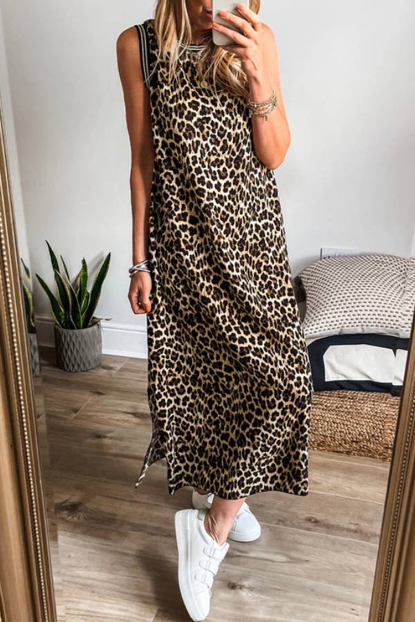 JO | Black contrast striped leopard print sleeveless midi dress