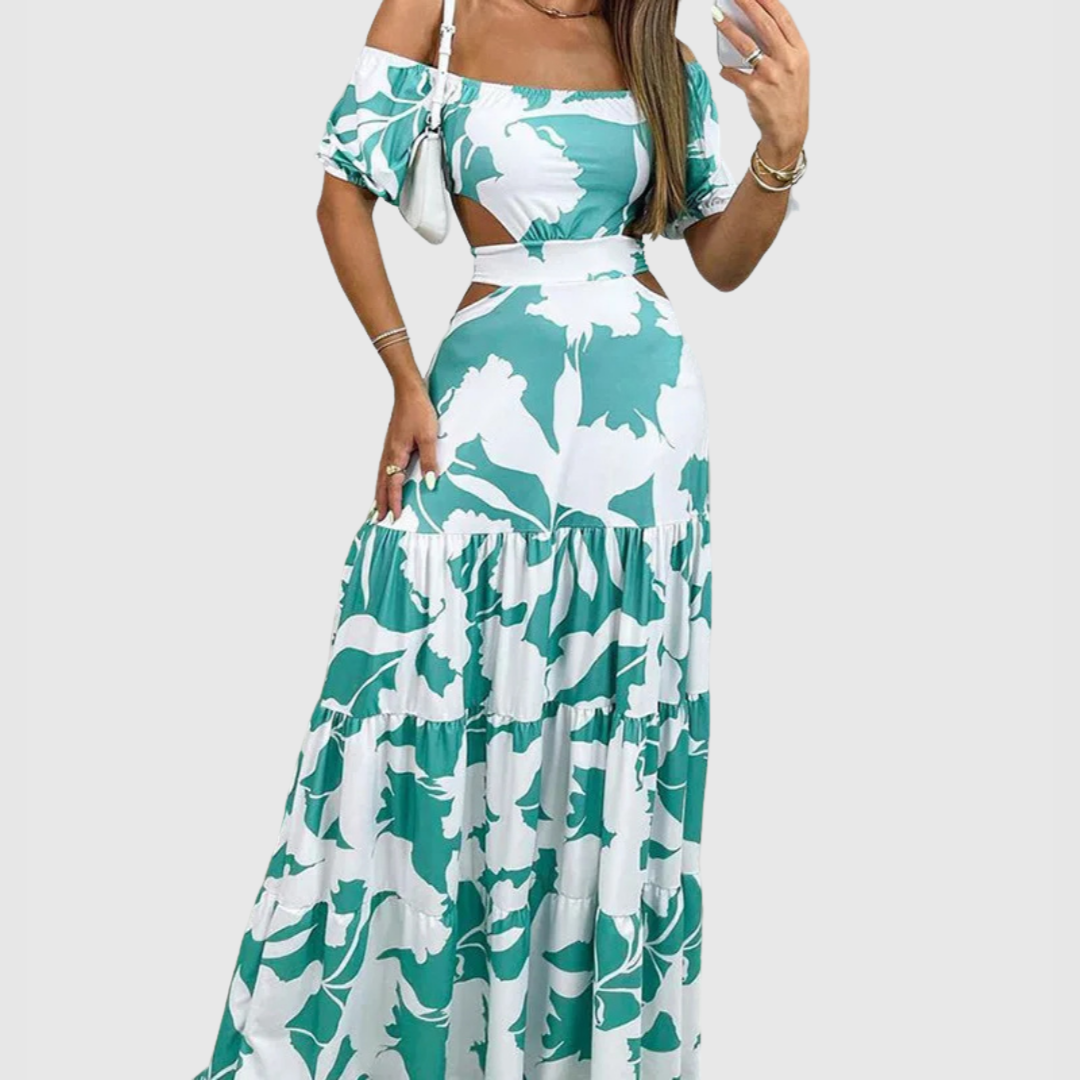 JO | Elegant midi dress with irregular grain and neckline