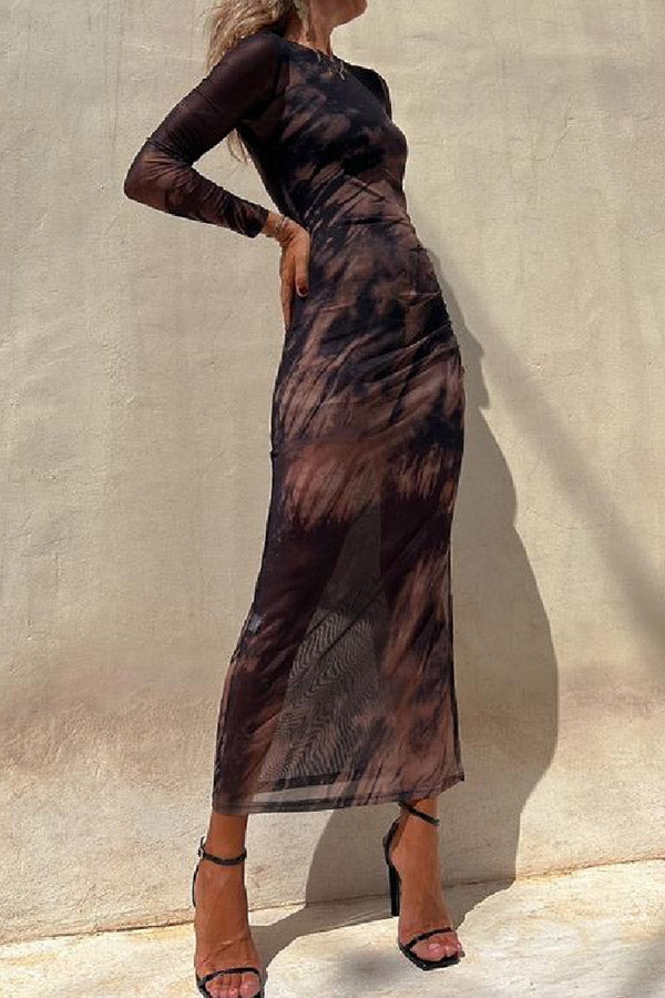 JO | Charm Lady Mesh Overlay Tie Dye Print Long Sleeve Ruffled Stretch Midi Dress