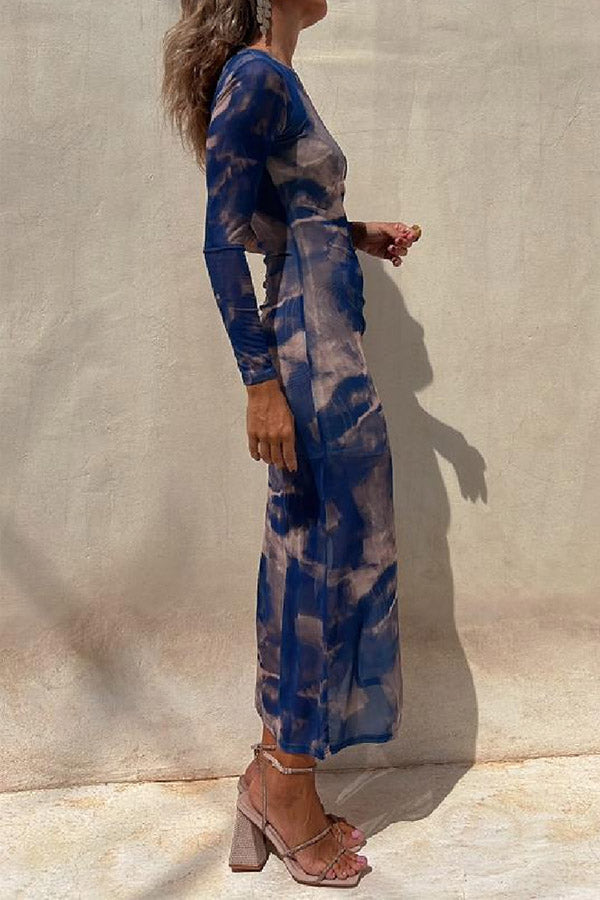 JO | Charm Lady Mesh Overlay Tie Dye Print Long Sleeve Ruffled Stretch Midi Dress