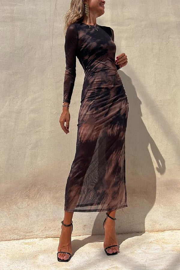 JO | Charm Lady Mesh Overlay Tie Dye Print Long Sleeve Ruffled Stretch Midi Dress