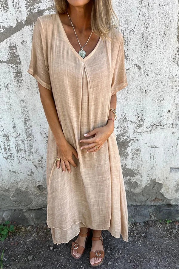 JO | Bayside Bliss linen blend short sleeve pleated loose midi dress