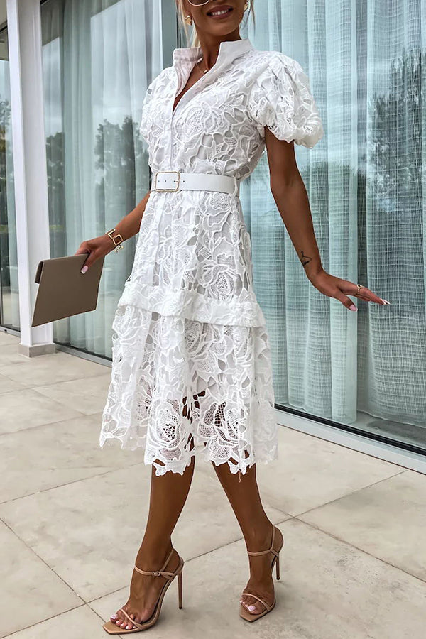 JO | Absolutely Elegant Floral Crochet Lace Puff Sleeve Belted Shirt Midi Dress