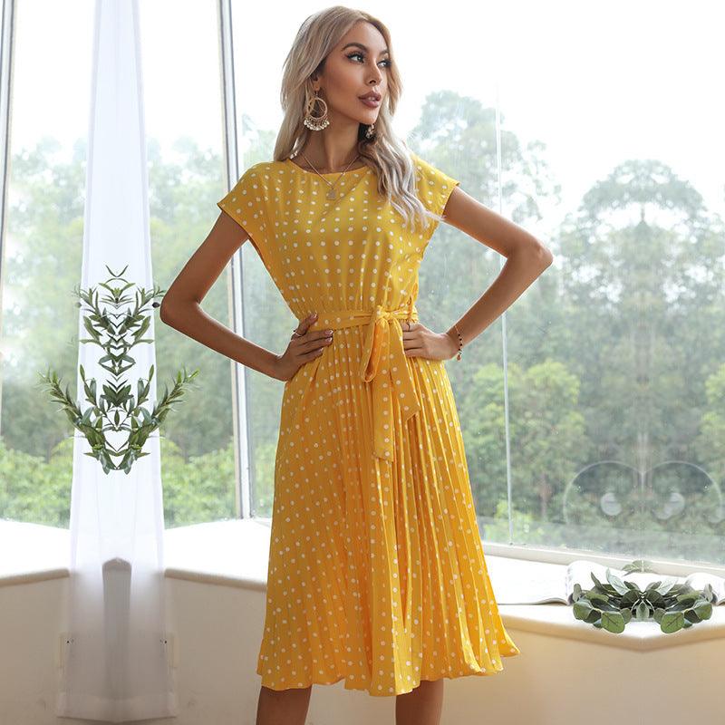 JO | Summer Women Polka Dot Short Sleeve Dress Casual Bandage Party Pleated Midi Dresses Elegant Green Office Lady Clothes