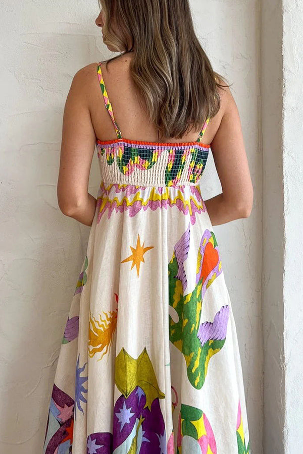 JO | Feel Effortlessly Linen Blend Unique Print Smocked Back Midi Dress