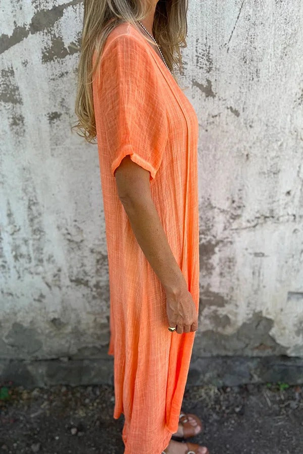 JO | Bayside Bliss linen blend short sleeve pleated loose midi dress