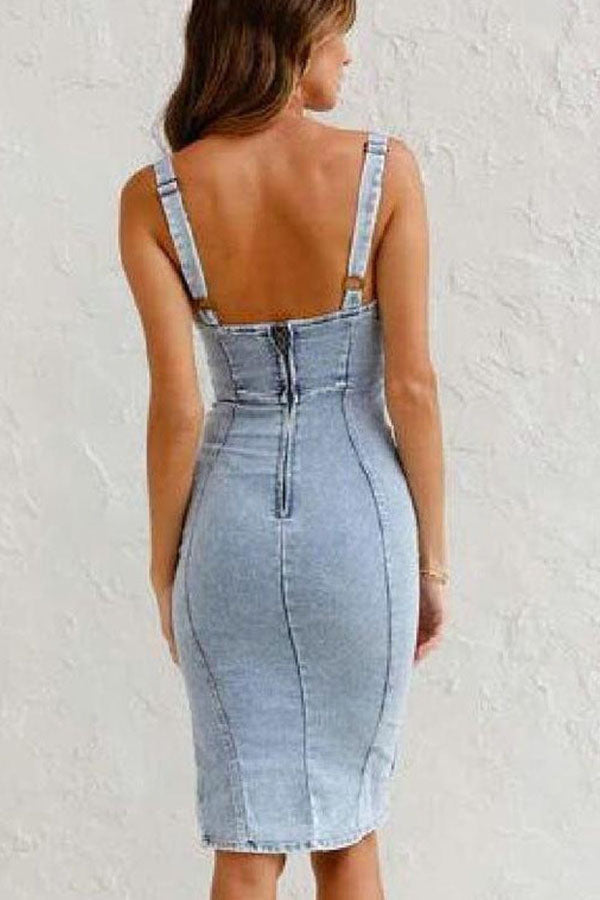 JO | This Seasons Staple Denim Adjustable Straps Zip-up Firm Stretch Midi Dress