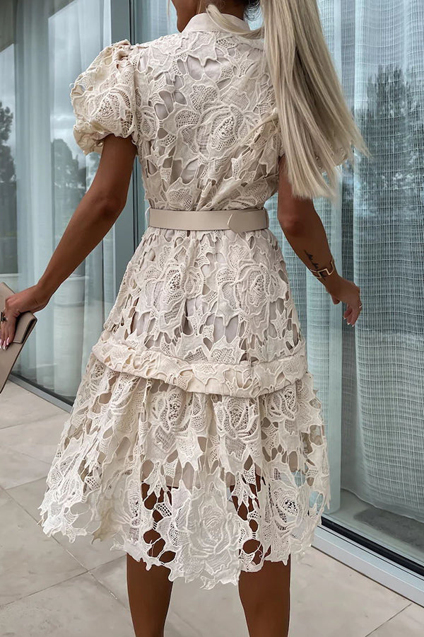 JO | Absolutely Elegant Floral Crochet Lace Puff Sleeve Belted Shirt Midi Dress