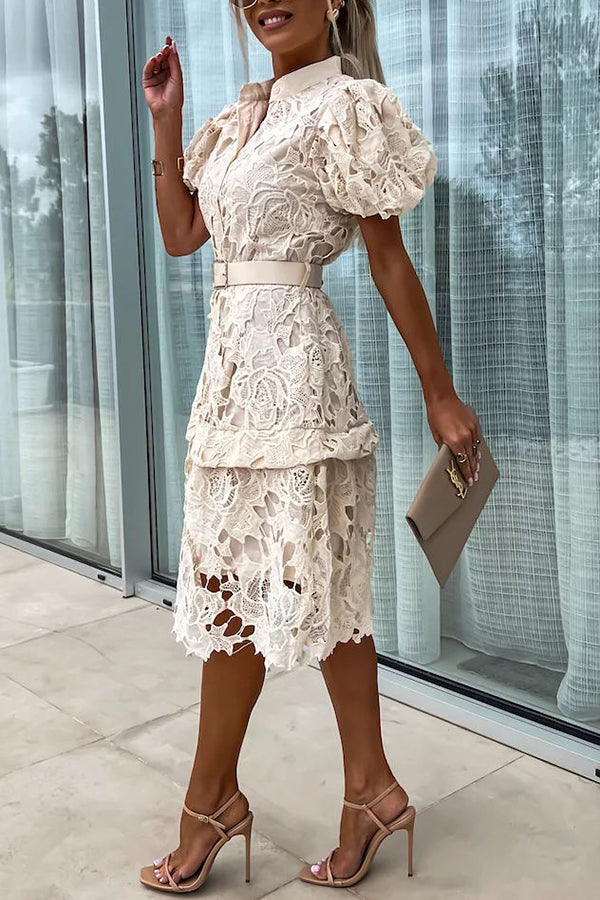 JO | Absolutely Elegant Floral Crochet Lace Puff Sleeve Belted Shirt Midi Dress