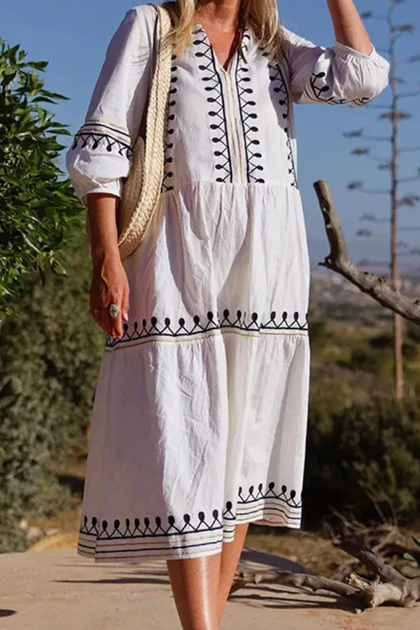 JO | V-neck Casual Loose Embroidered Midi Sleeve Midi Dress