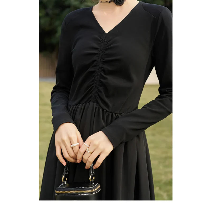 JO | Elegant Black Knitted Smocked V-Neck A-Line Midi Dress