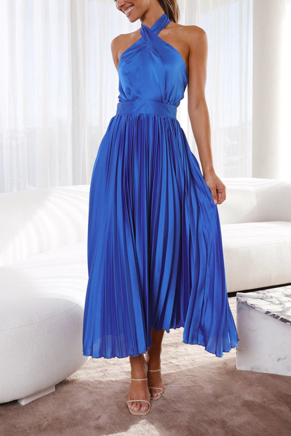 JO | Beaming Smile satin halterneck pleated midi dress