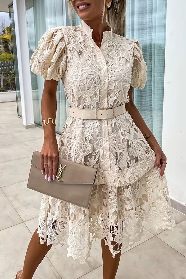 JO | Absolutely Elegant Floral Crochet Lace Puff Sleeve Belted Shirt Midi Dress