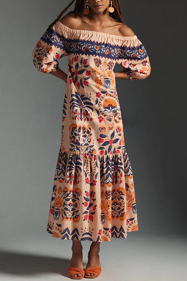 JO | Island Lover Printed off-the-shoulder, flowing midi dress