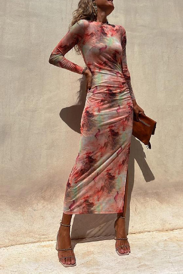 JO | Charm Lady Mesh Overlay Tie Dye Print Long Sleeve Ruffled Stretch Midi Dress