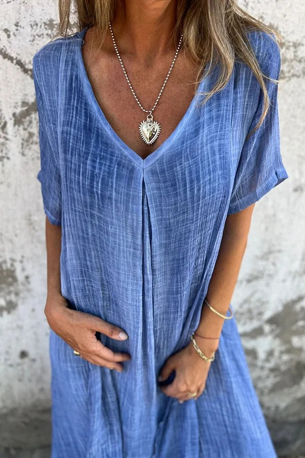 JO | Bayside Bliss linen blend short sleeve pleated loose midi dress