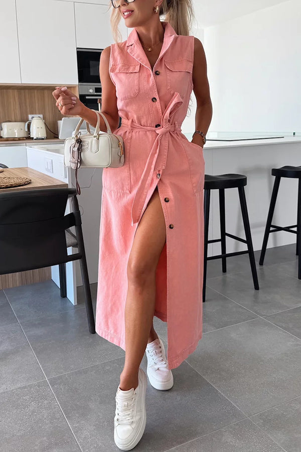 JO | Solid Color Sleeveless Single Breasted Waist Tie Casual Bag Denim Midi Dress