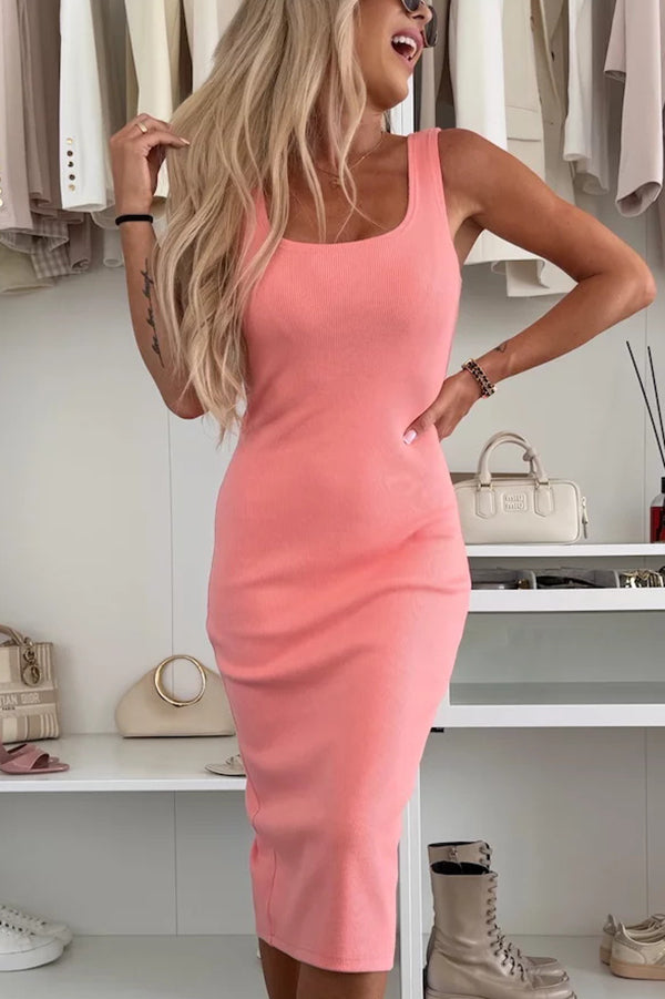 JO | Comfort and femininity rib knit tank slit stretch midi dress