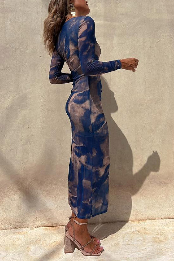 JO | Charm Lady Mesh Overlay Tie Dye Print Long Sleeve Ruffled Stretch Midi Dress