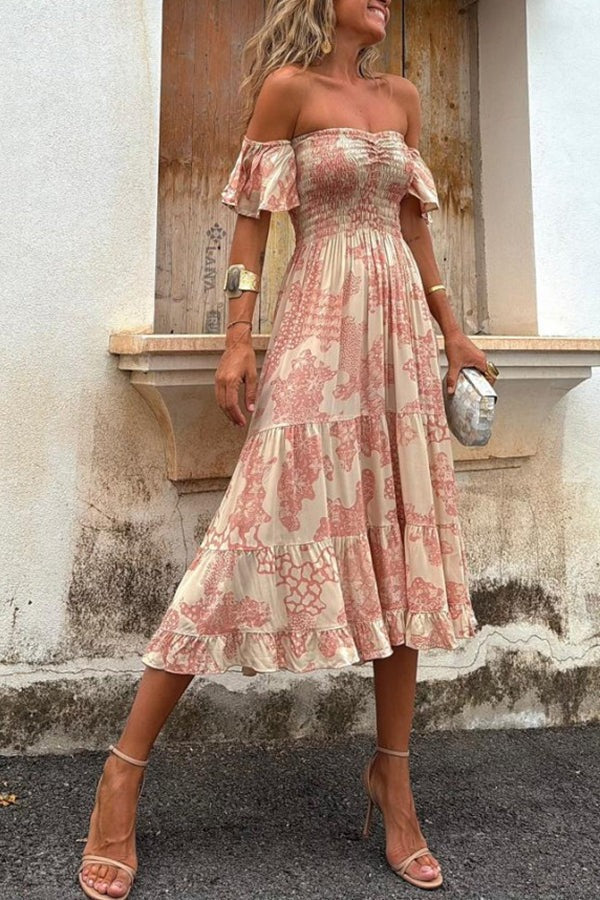 JO | Pitaya Unique Print Off Shoulder Smocked Ruffle Sleeve Layered Midi Dress