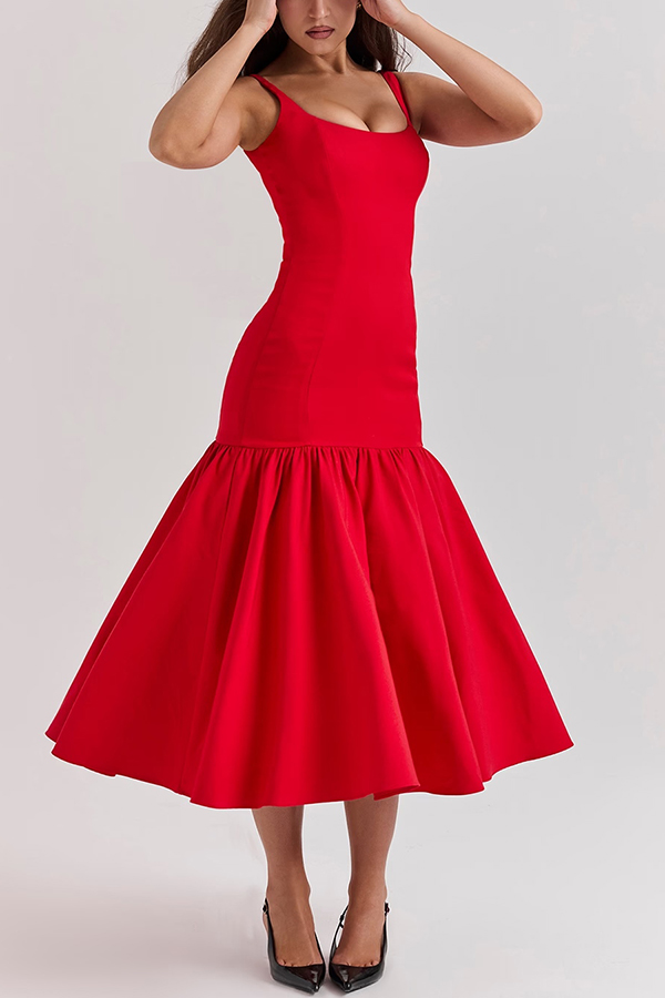 JO | Graceful Silhouette Square Neckline Wide Strap Drop Waist Midi Dress
