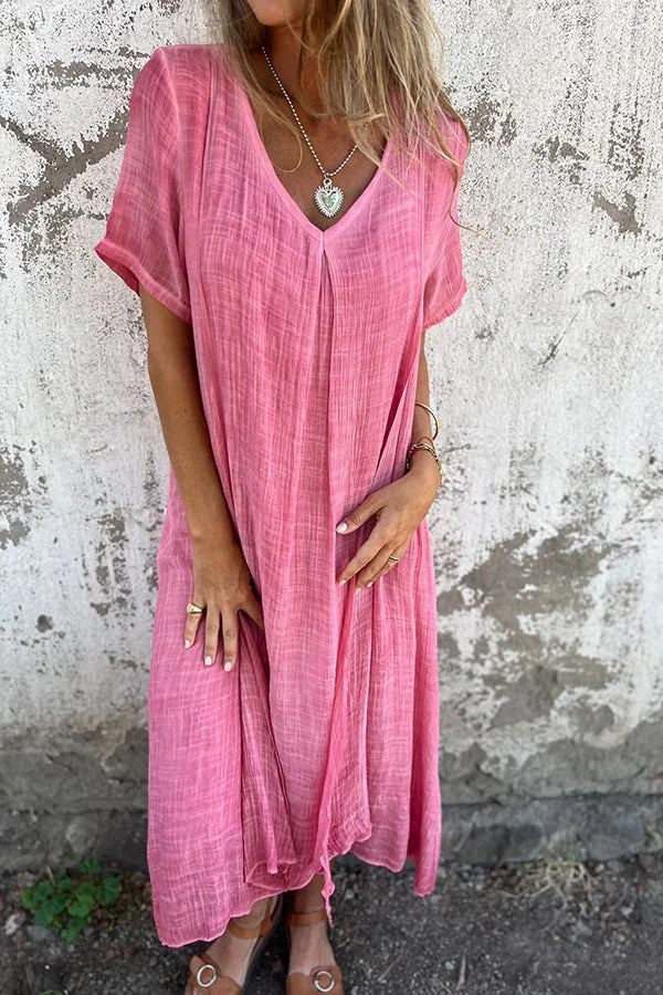 JO | Bayside Bliss linen blend short sleeve pleated loose midi dress
