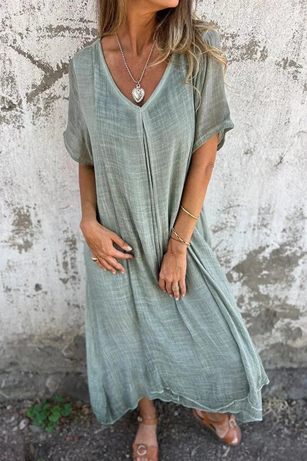 JO | Bayside Bliss linen blend short sleeve pleated loose midi dress