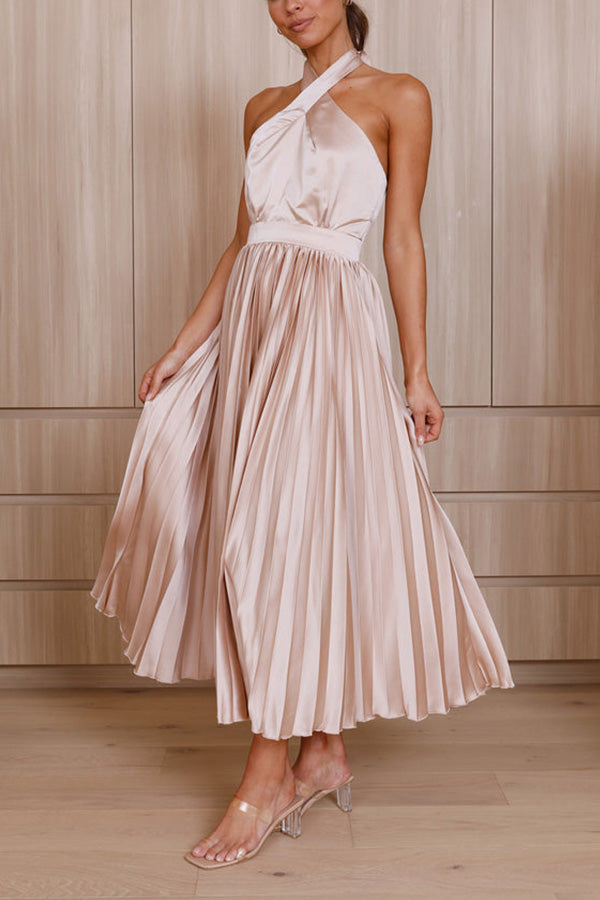 JO | Beaming Smile satin halterneck pleated midi dress