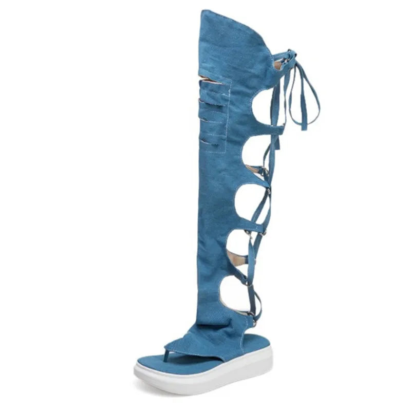 PXELENA Rome Hollow Out Summer Long Demim Boots Women Cross tied Thigh High Thong Gladiator Sandals Gothic Punk Platform Shoes