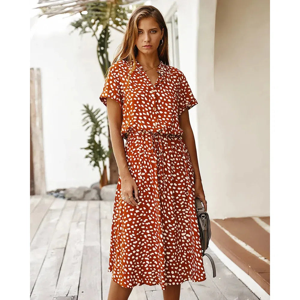 JO | Dots Print White Dress Women Summer Short Sleeve Tunic Boho Midi Dresses