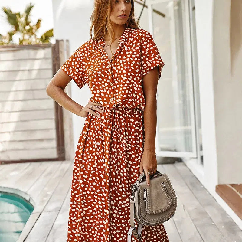 JO | Dots Print White Dress Women Summer Short Sleeve Tunic Boho Midi Dresses