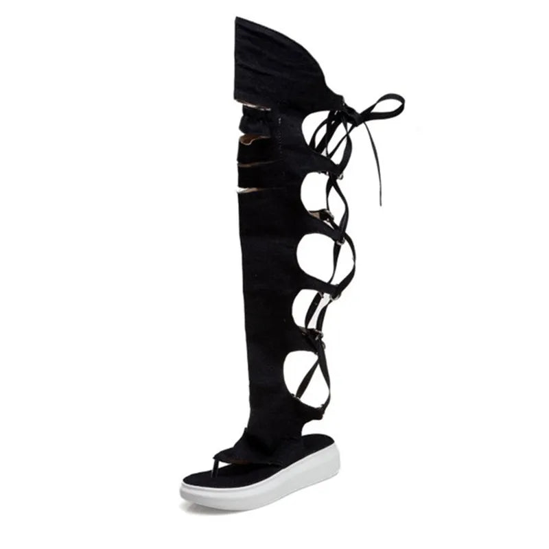 PXELENA Rome Hollow Out Summer Long Demim Boots Women Cross tied Thigh High Thong Gladiator Sandals Gothic Punk Platform Shoes