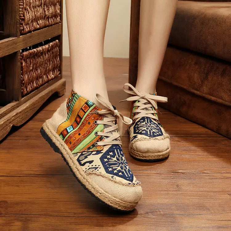 Veowalk High Top Cotton Embroidered Women Casual Linen Flat Shoes Handmade Lace Up Thick Hemp Soled Canvas Sneakers Zapato Mujer