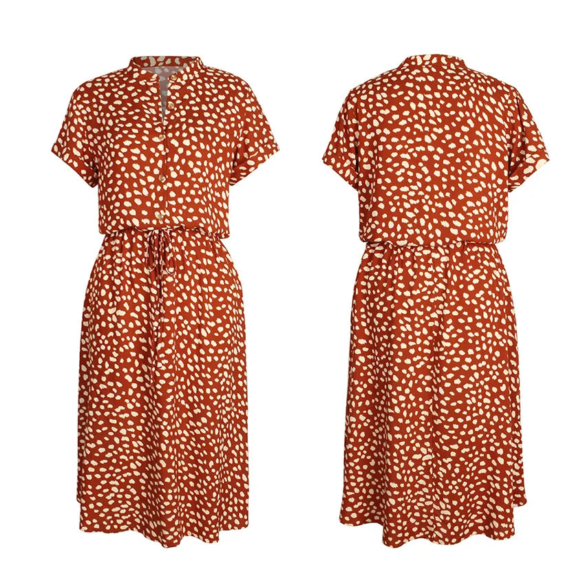 JO | Dots Print White Dress Women Summer Short Sleeve Tunic Boho Midi Dresses