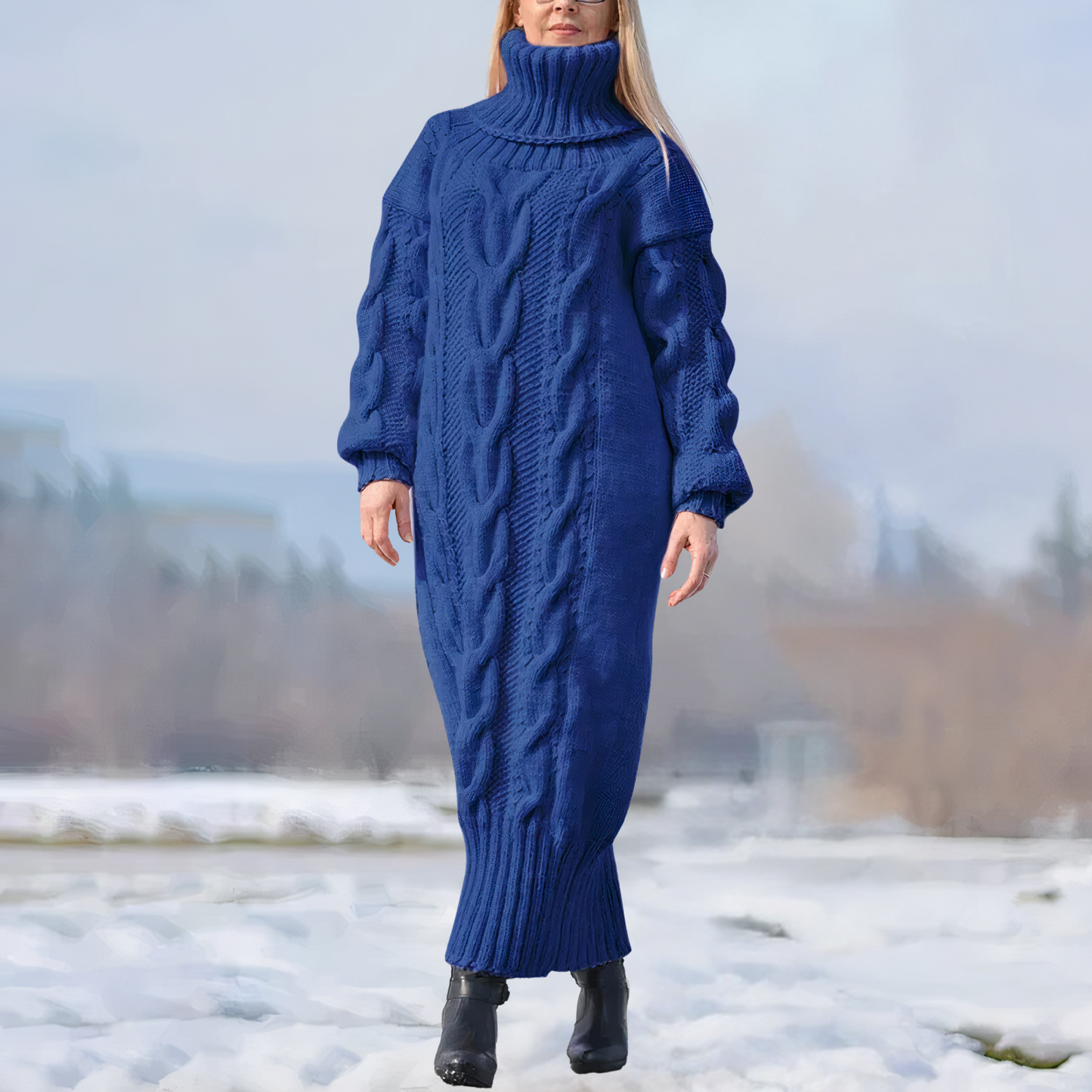 JO | long maxi dress with high collar and cable structure