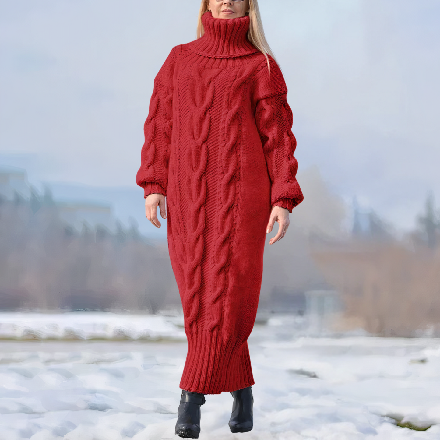 JO | long maxi dress with high collar and cable structure