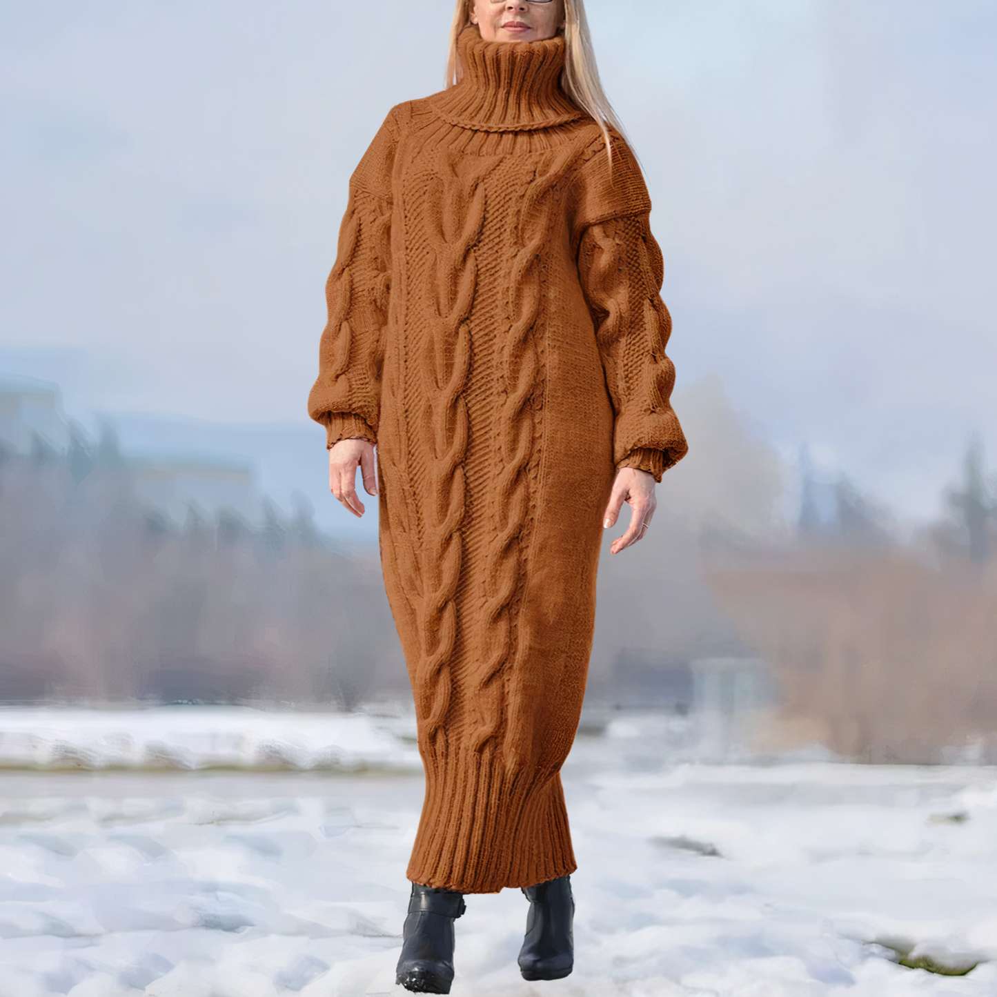 JO | long maxi dress with high collar and cable structure