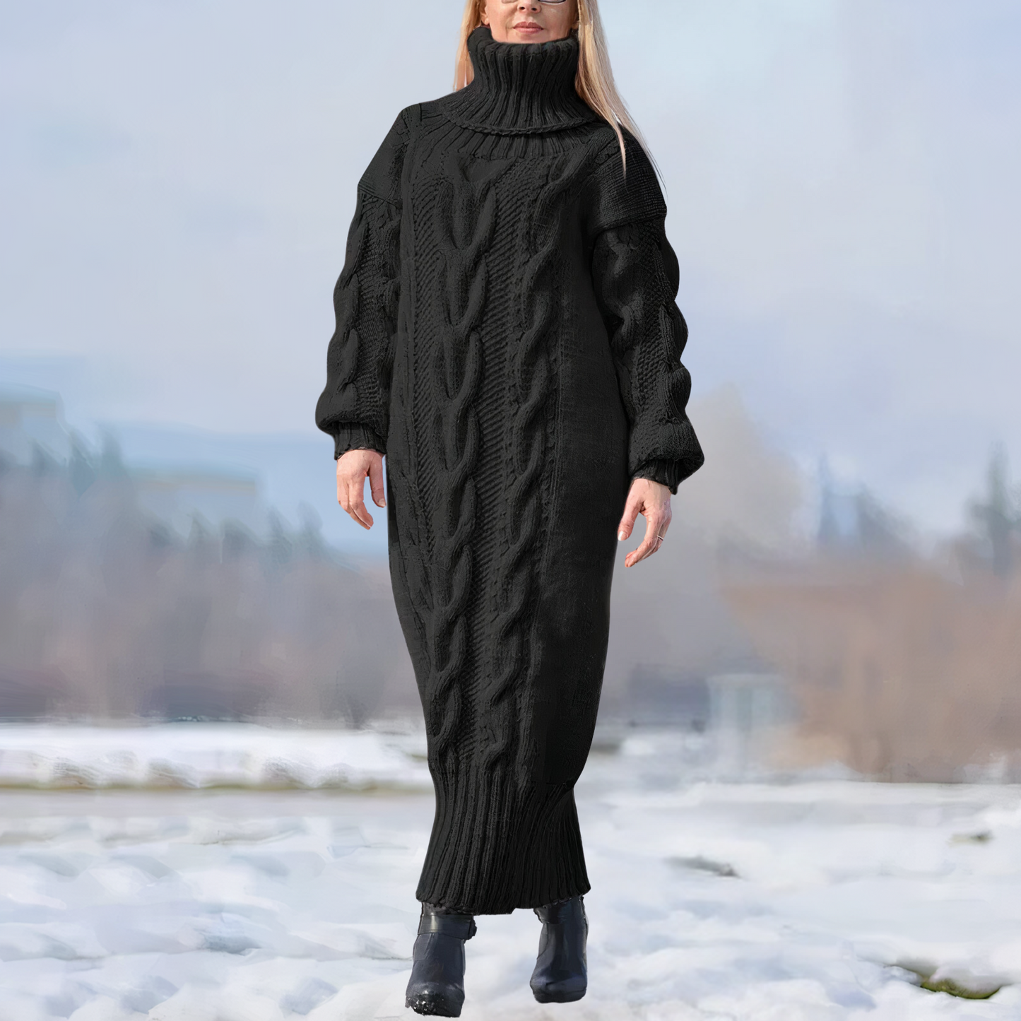 JO | long maxi dress with high collar and cable structure