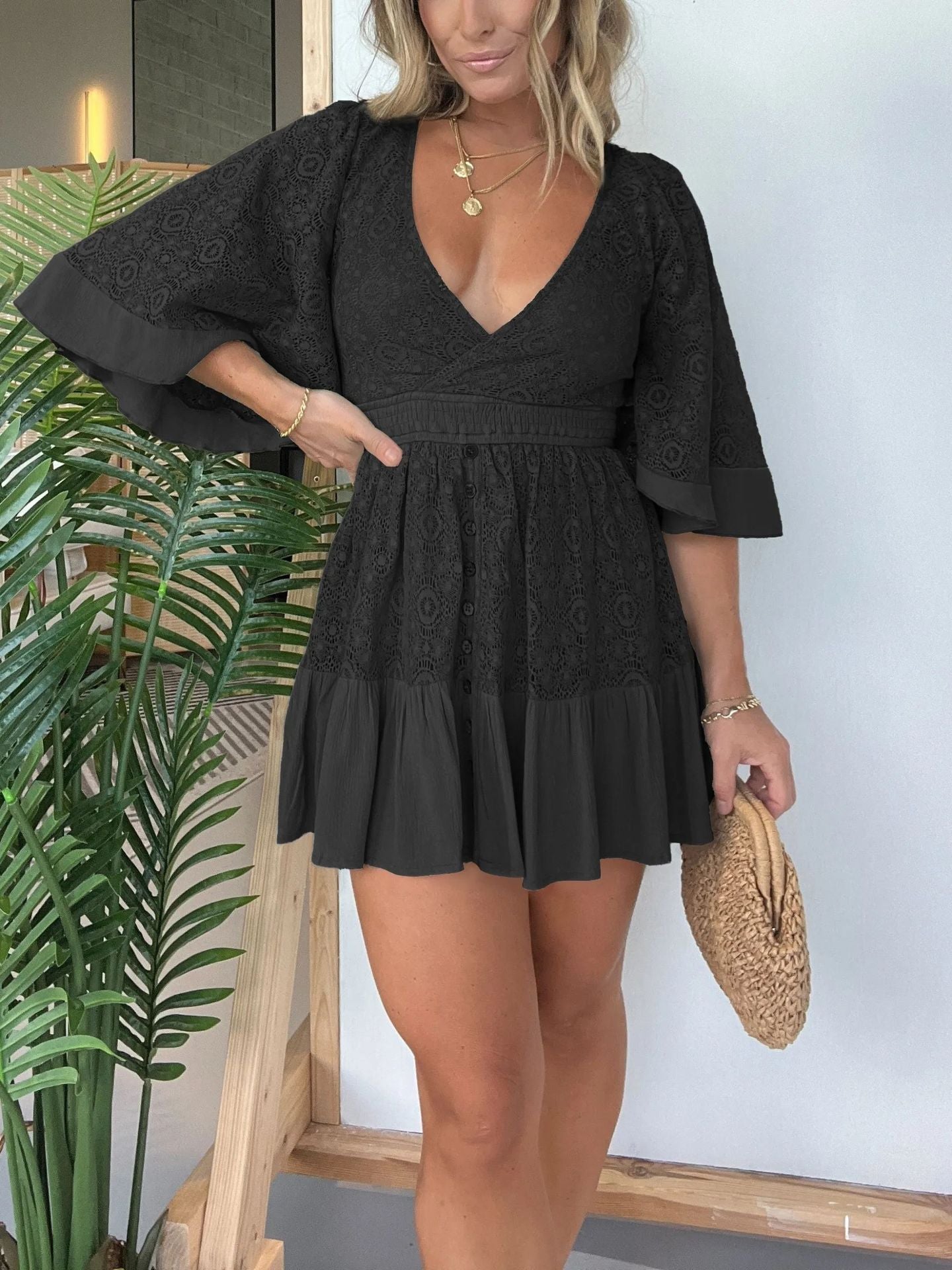 JO | Elegant lace mini dress with V-neckline