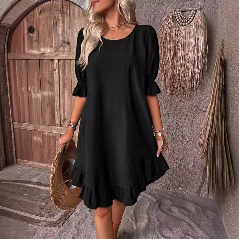 JO | Solid Color Casual Loose Short Dresses For Women Summer A-Line Midi Dress