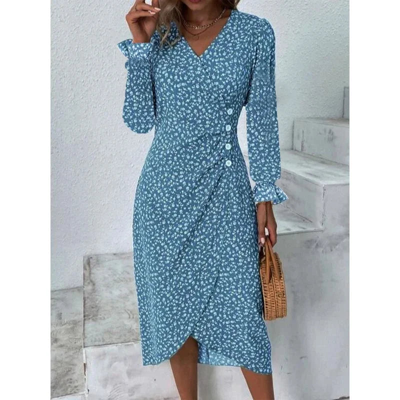 JO | Elegant floral pleated midi dress with puff sleeves and V-neckline