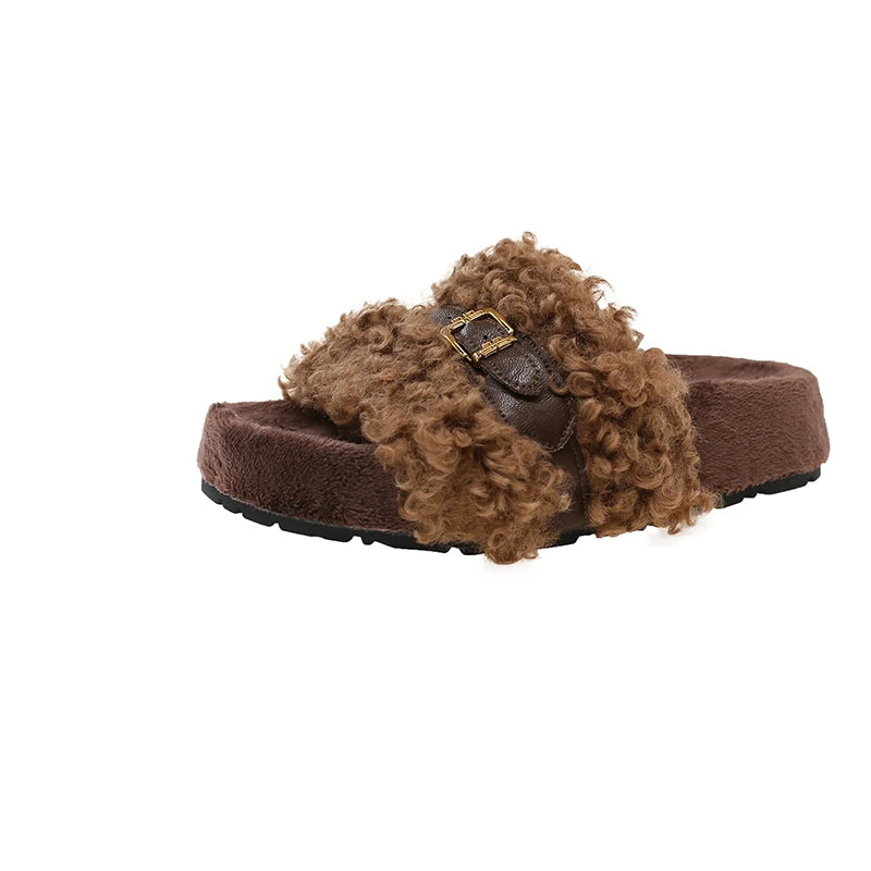 Super popular women's furry slippers, autumn and winter outer-wear, internet-famous curly fur thick-soled slip-on sandals