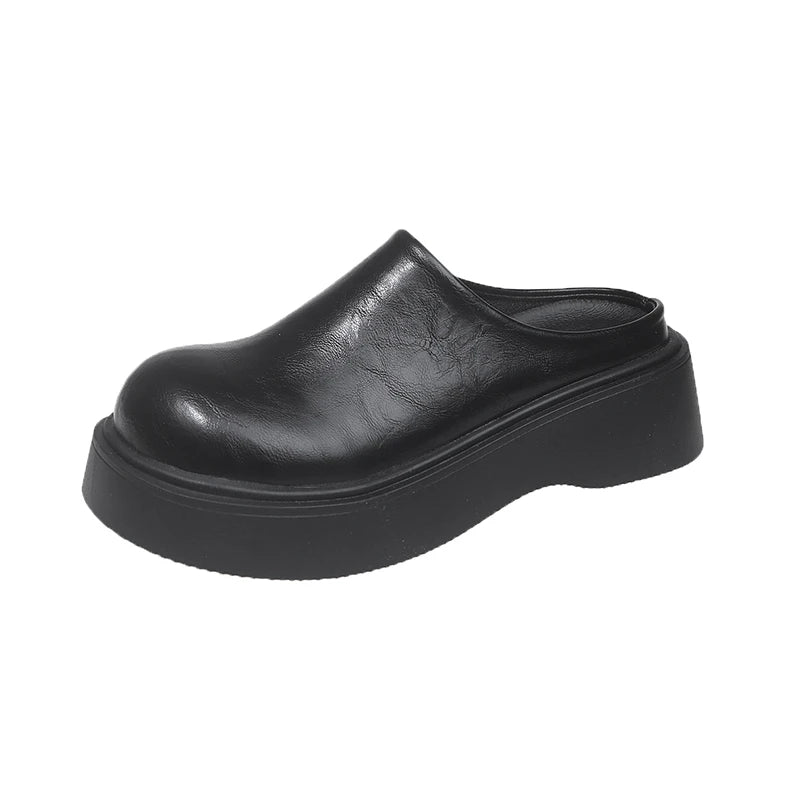Hight Quality Classic British Style Leather Mules For Women's Hombre Daily Dress Casual Shoes Black Beige Slip-On Slippers