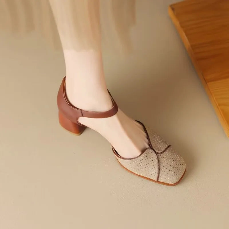 Summer New Square Head Hollowed-out Bowhead Sandals Women's Medium Heel Chunky Breathable High Heels