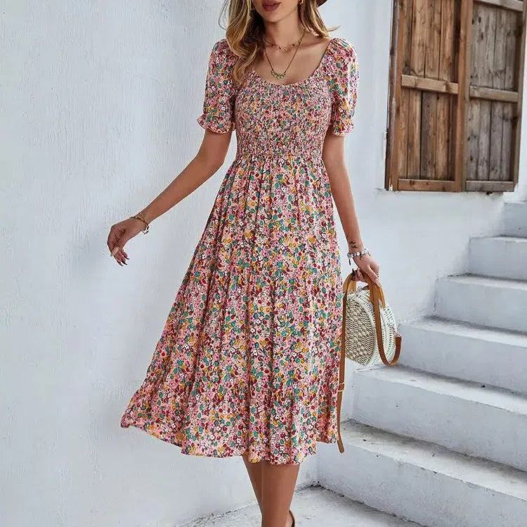 JO | Bohemia Print Dress Women New Summer Midi Dress Puff Sleeves