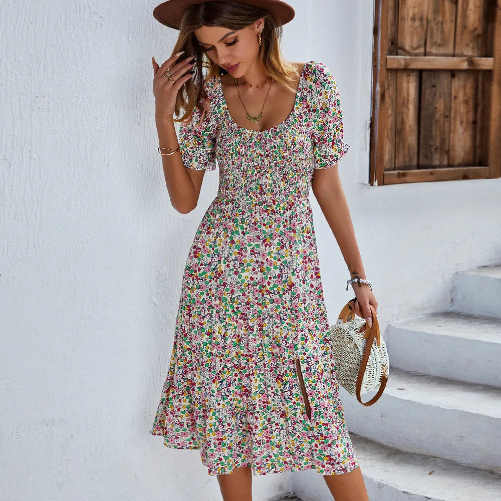 JO | Bohemia Print Dress Women New Summer Midi Dress Puff Sleeves