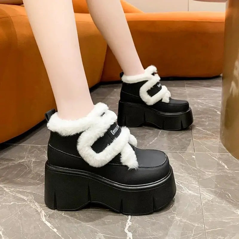 2025 Autumn Winter Warm Women's Snow Boots Platform High Heels New Student Plush Girls Mary Jane Chunky Wedges LO Leather Shoes