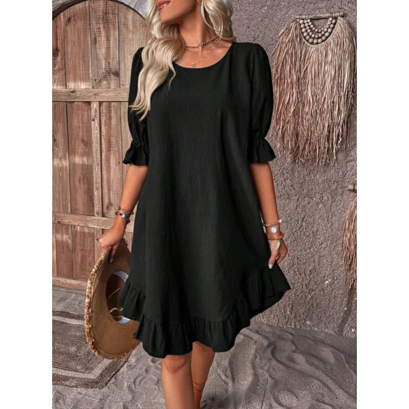 JO | Solid Color Casual Loose Short Dresses For Women Summer A-Line Midi Dress